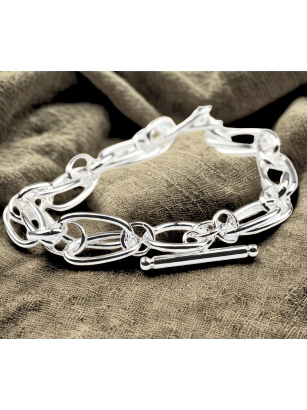 Double Cable Chain Bracelet with Toggle Closure 925 Sterling Silver Plate Unisex - Picture 3 of 6